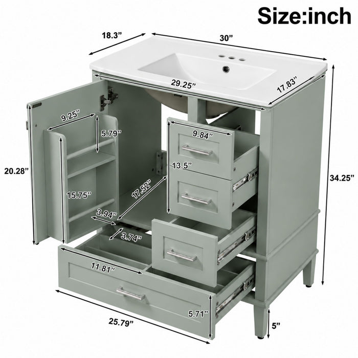 Bathroom Vanity With Sink, Soft Closing Door And Drawers - Light Green