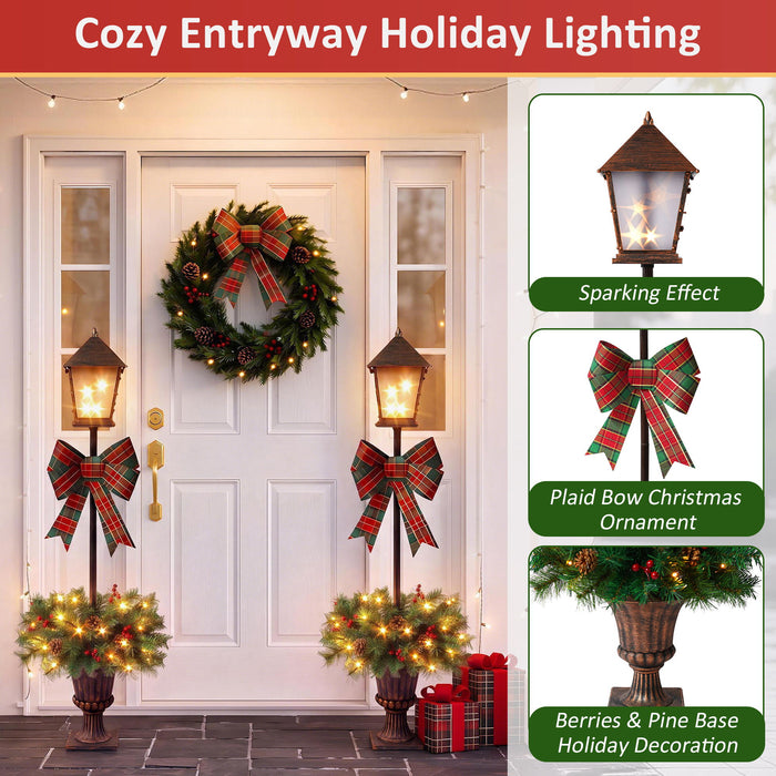 Christmas Lamp Post Decor With Plaid Bow, Artificial Outdoor Holiday Decor (Set of 2) - Brown / Bronze / Green