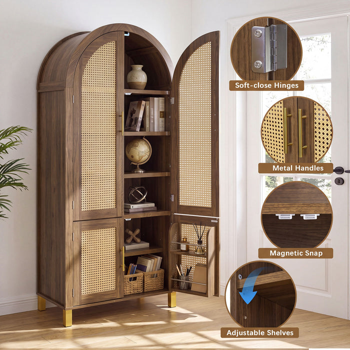 Tall Arched Cabinet With Rattan Doors & Adjustable Shelves
