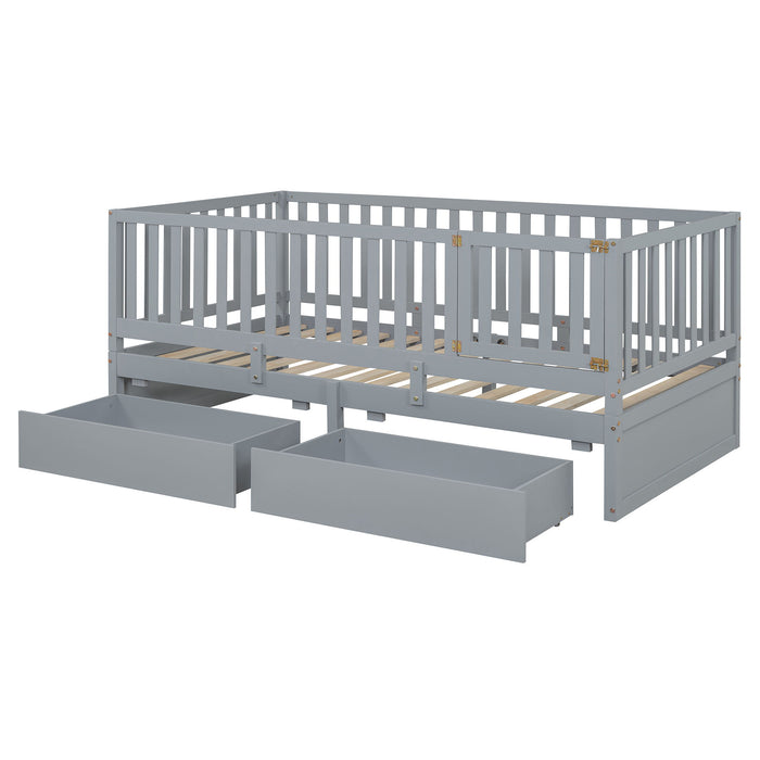 Daybed With Fence Guardrails And 2 Drawers, Split Into Independent Floor Bed & Daybed