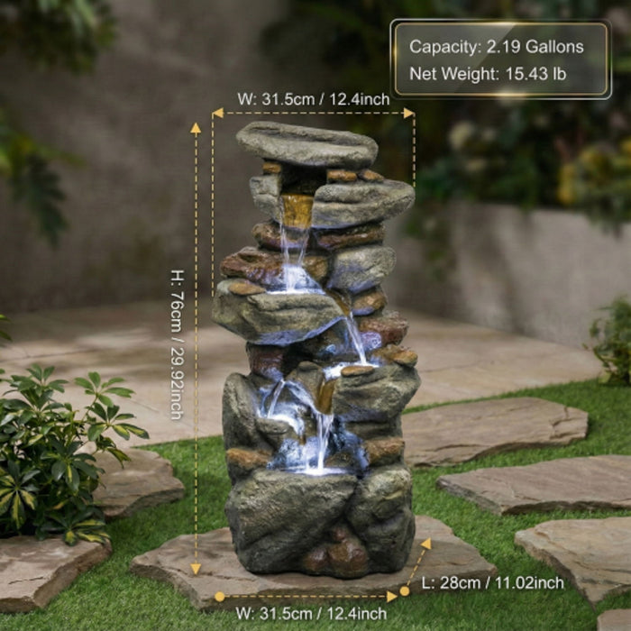 Stacked Rock Waterfall Fountain With LED Lights For Garden - Gray