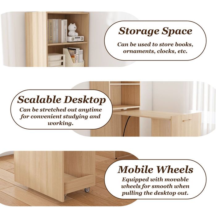 Stretchable Office Desk With Storage Shelves And Mobile Wheels
