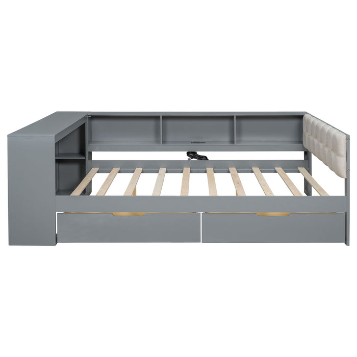 Upholstered Headboard Platform Bed With Storage Shelves, Drawers, Charging Station