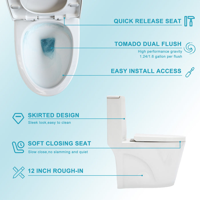 1 Piece Toilet For Bathroom, Dual Flush 1.24 / 1.6 Gpf, Soft Closing Seat - White