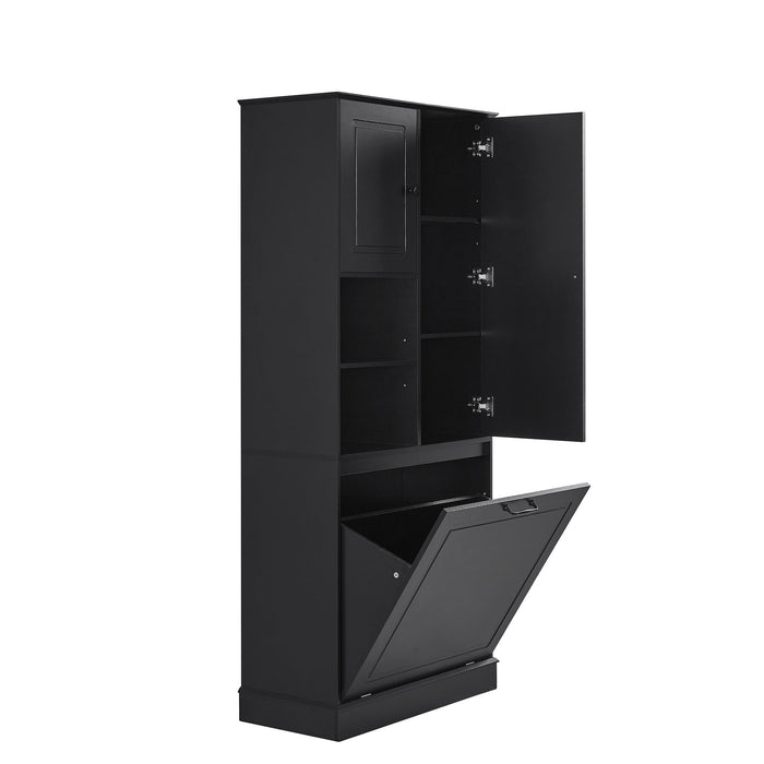 Modern Tall Storage Cabinet With Adjustable Shelves, Flip-Out Basket & Enclosed Doors