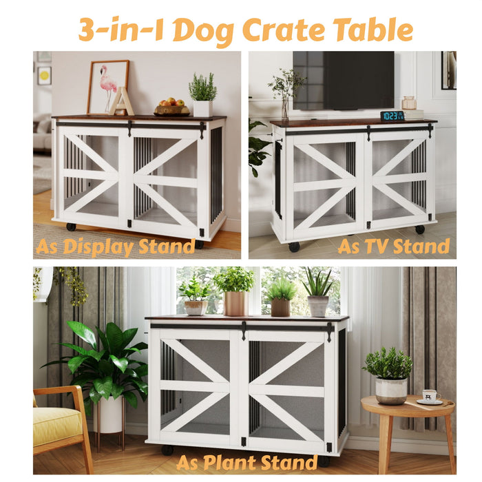 Mobile Dog Crate With Flip Top Feeding Door, Dual Access & 5 Caster System (2 Locking) - Brown White