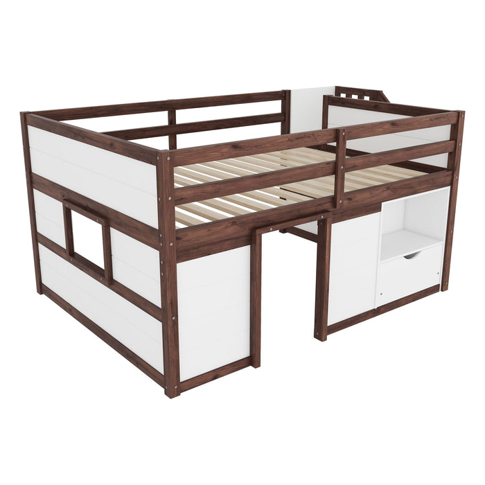 Low Loft Bed Frame With Built In Stairs, Storage Drawer, Shelf And 7 Color LED Light
