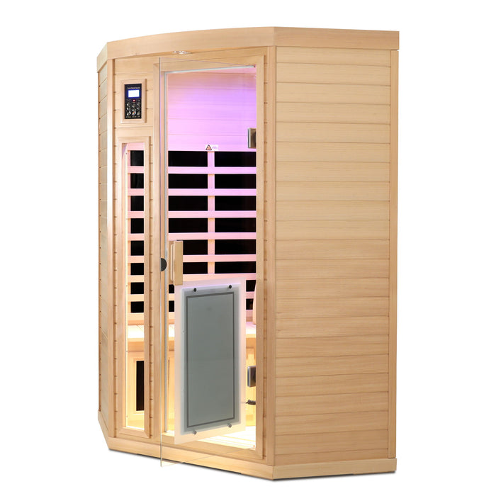 Low Emf Front Door With Heating Panel 2 Persons Hemlock Far Infrared Corner Indoor Sauna Room - Natural