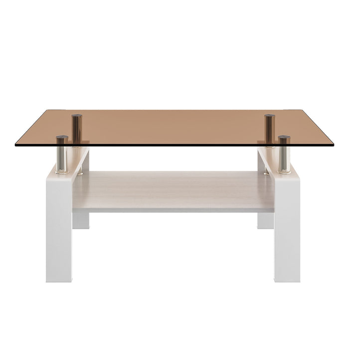Modern Rectangular Coffee Table With Tempered Transparent Glass Top And Storage Shelf