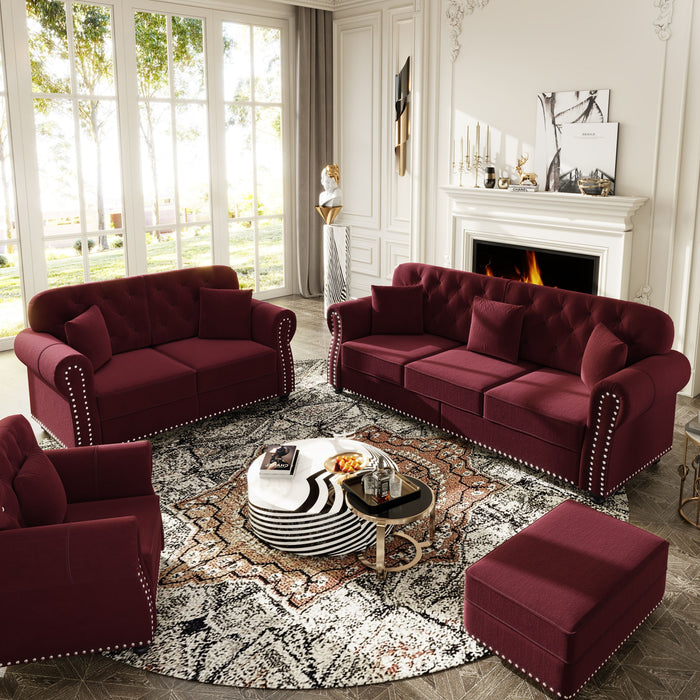 Upholstered Sofa Set With Nailhead Trim And Rolled Armrests, Includes Pillows
