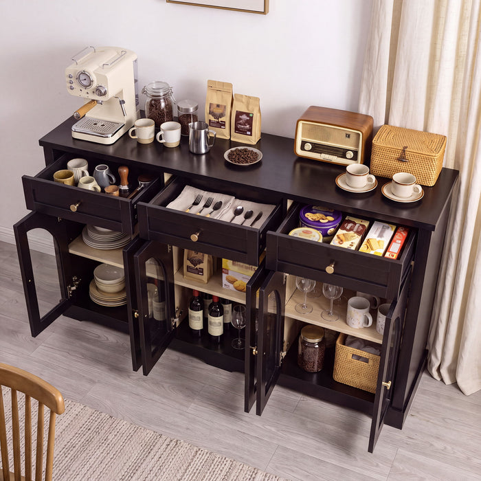 Sideboard Cabinet With 3 Drawers And 6 Arched Doors, Accent Storage Cabinet With Adjustable Shelves For Dining Room - Black