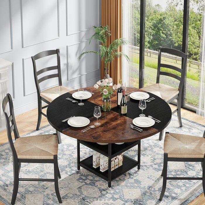 Round Dining Table For 4 With Storage Shelf - Brown / Black