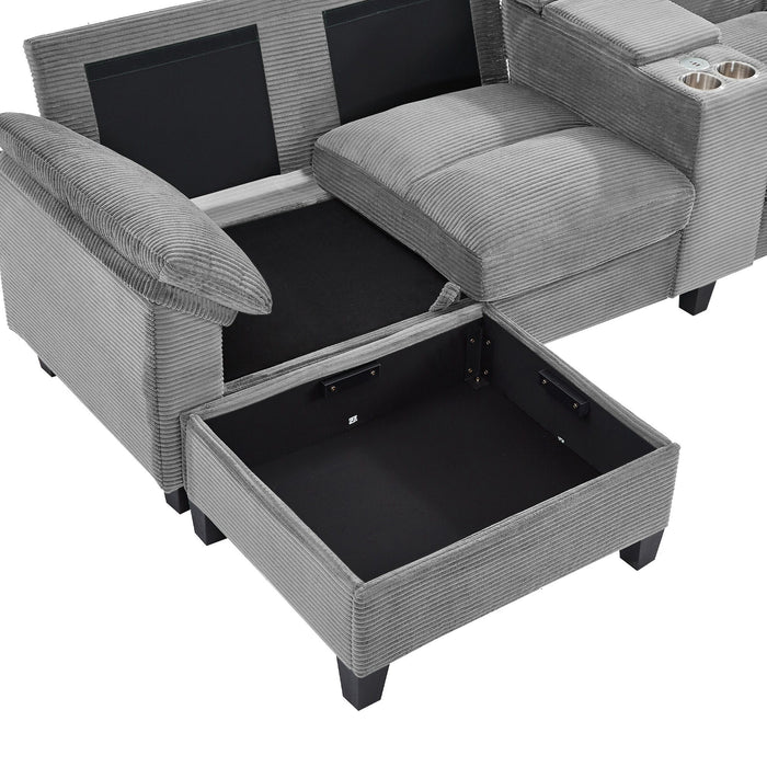 Modern U - Shaped Sectional Sofa With Storage Ottomans, USB Ports, And Cup Holders