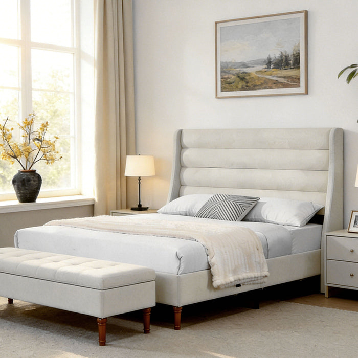 Modern Upholstered Platform Bed With Wave Shaped Headboard