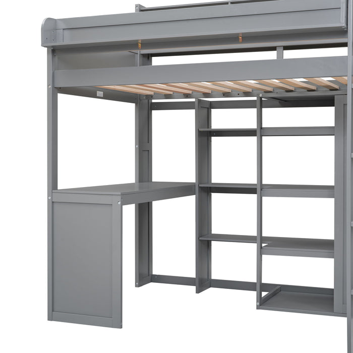 Loft Bed With Built In Desk, Storage Shelves, And Wardrobe