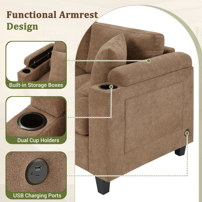 U Shaped Sectional Sofa, Corner Living Room Couch With Built In Cup Holders, Storage, USB Ports
