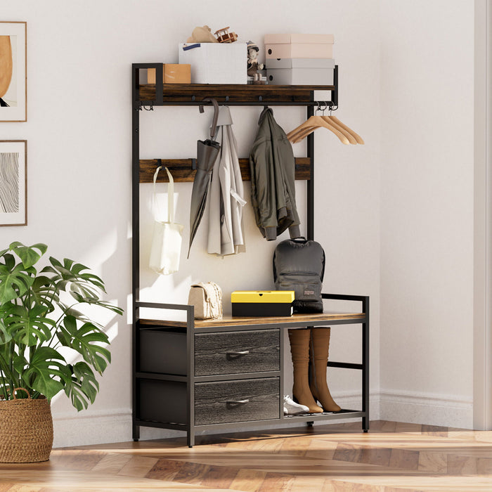 Hall Tree With 2 Movable Drawers, Shoe Storage, Shelves, Garment Racks, And 23 Hooks For Entryway - Rustic Brown