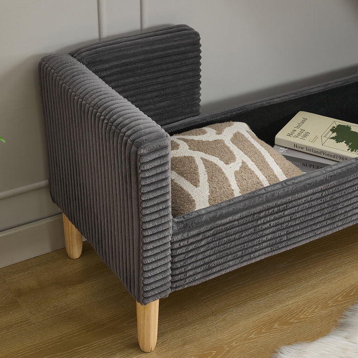 Wide Corduroy Storage Soft Bench With Armrests, Backrest And Two Bolster Pillows
