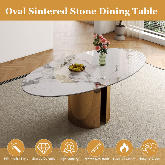 Oval Dining Table With Stainless Steel Base, Sturdy And Stable Design For Kitchen, Dining Room - Brown / White