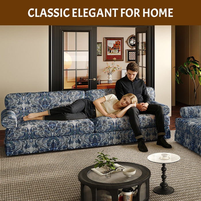 Luxuriously Comfortable Cloud Couch With Elegant Rolled Arms & Pleated Skirt Design