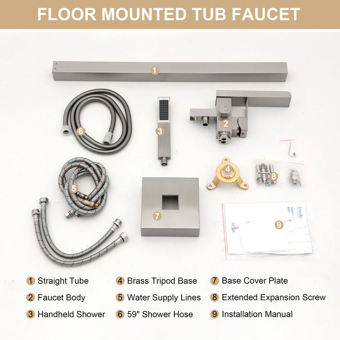 Freestanding Bathtub Faucet Waterfall Tub Filler Floor Mount Solid Brass With Hand Shower - Brushed Nickel