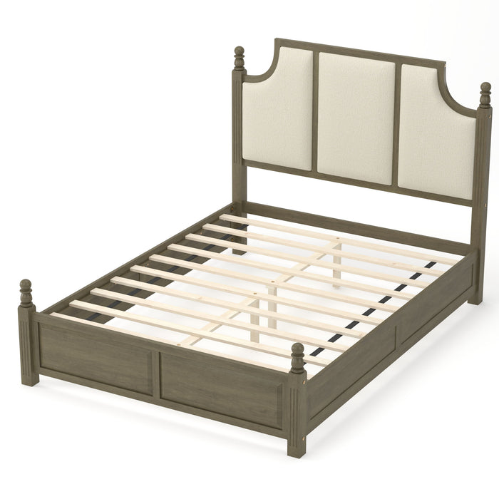 Farmhouse Platform Bed Frame With Tall Linen Upholstered Headboard