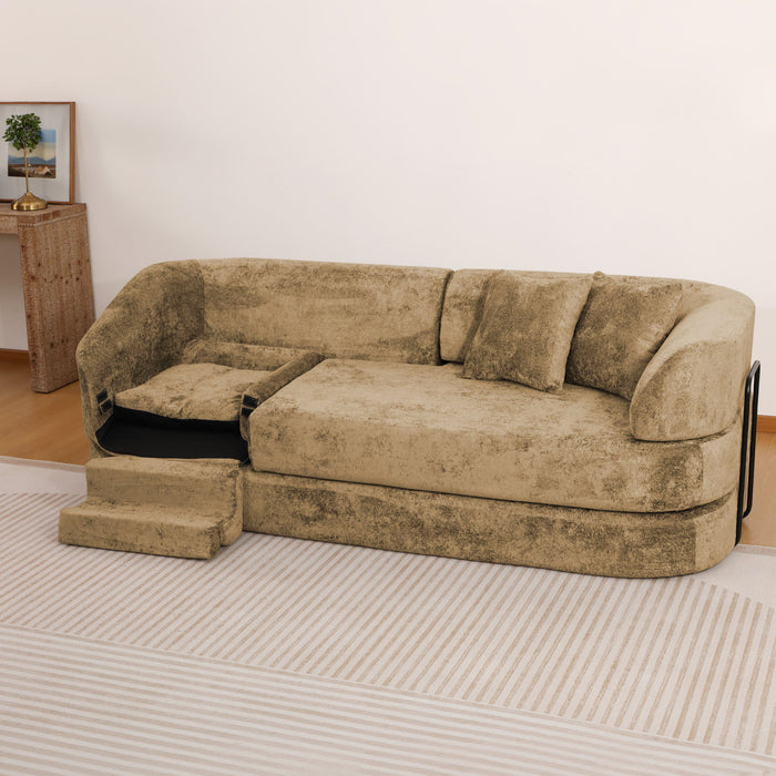 3 Seater Sofa With Built In Pet Bed Nook, Curved Design And 2 Throw Pillows
