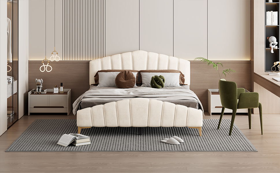 Platform Bed With Thick, Stylish Stripe Decorated Bedboard And Elegant Leg
