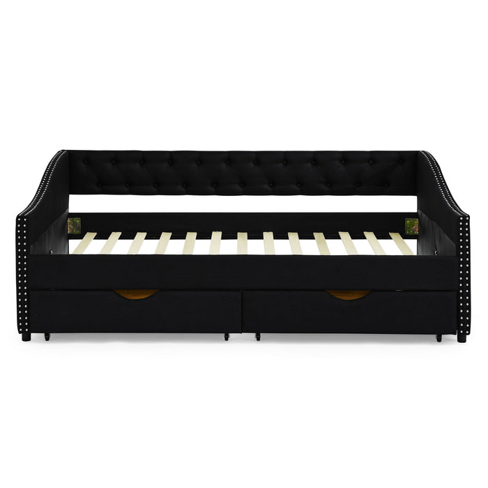 Upholstered Tufted Daybed With 2 Drawers, Waved Arms