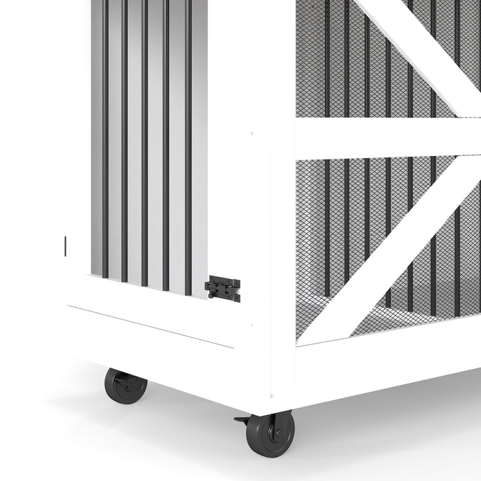 Mobile Dog Crate With Flip Top Feeding Door, Dual Access & 5 Caster System (2 Locking) - Brown White