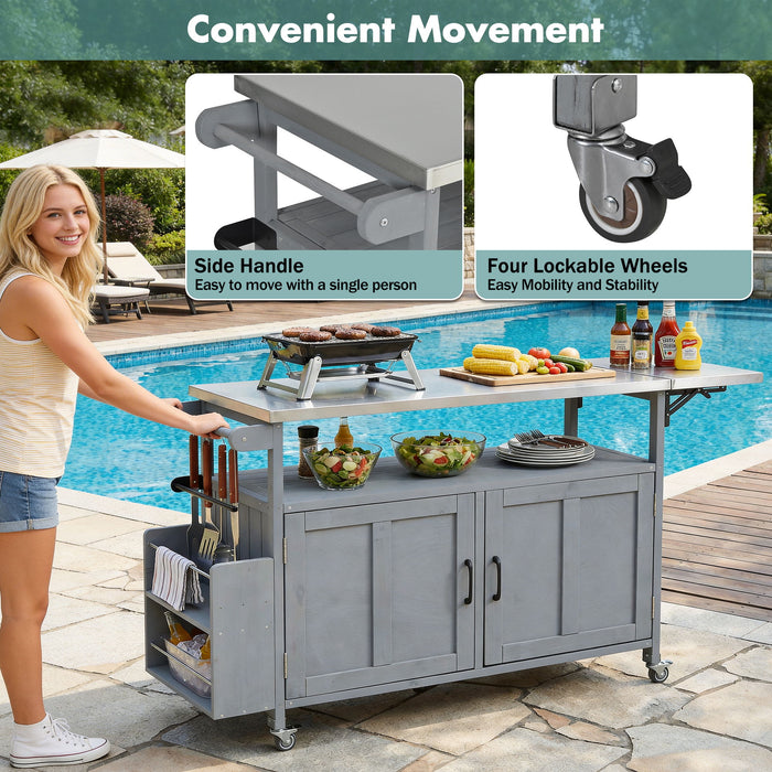 Foldable Outdoor Kitchen Island With Lockable Wheels, Storage Cabinet And Towel Rack For Patio