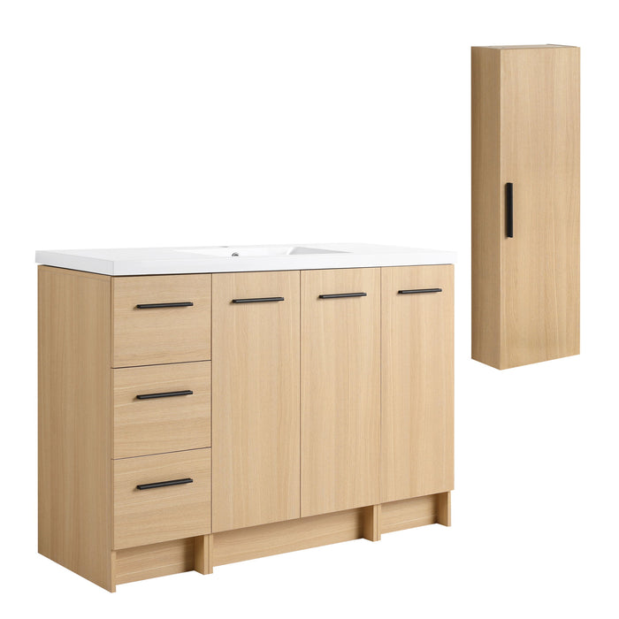 Freestanding Bathroom Vanity Set With Tall Side Cabinet, 3 Drawers And 3 Door Cabinet, Integrated Sink, Large Storage - Glossy White / Light Oak