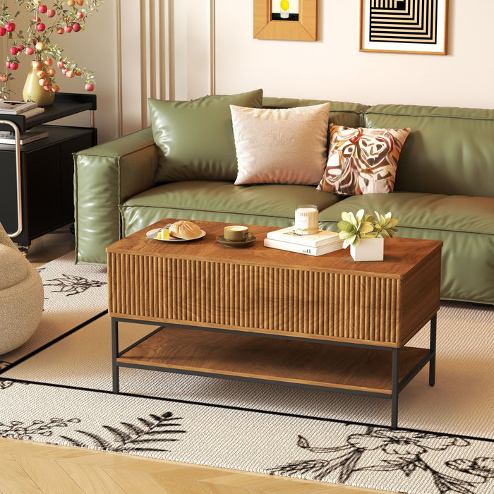 Rectangle Lift Top Coffee Table With Hidden Storage And Lower Shelf - Brown