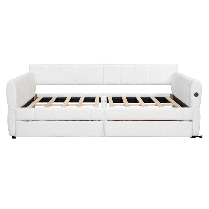 Queen Upholstered Platform Bed With USB Charging And 2 Storage Drawers - White