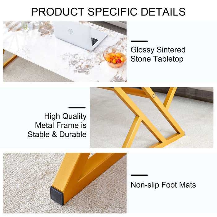 Coffee Table With A Natural And Smooth Marble Pattern On The Surface - Gold