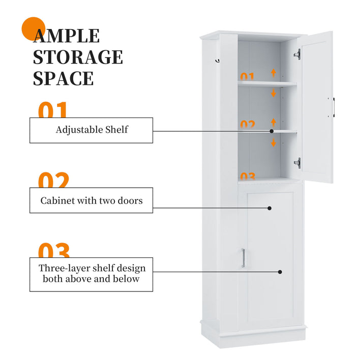 Tall Freestanding Bathroom Storage Cabinet With Adjustable Shelves And Side Hooks