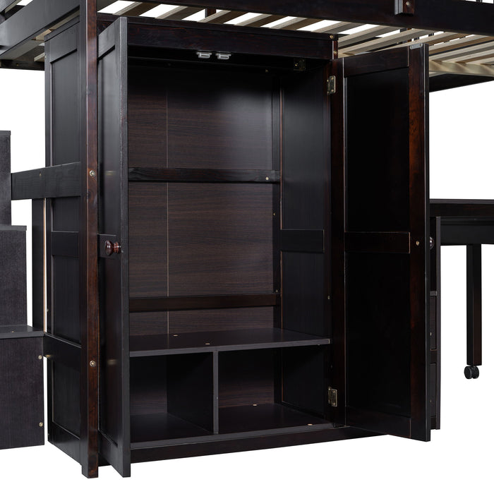 Loft Bed With Stairs, Bookshelf, Drawers, Desk & Wardrobe, Space Saving Multifunctional Furniture