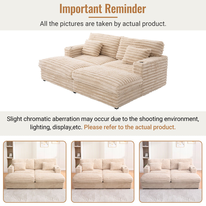 Plush Oversized Double Chaise Lounge Sofa Bed With USB Ports And Cup Holders