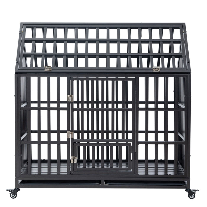 Heavy Duty Dog Cage Pet Crate With Roof & Window On Roof - Black