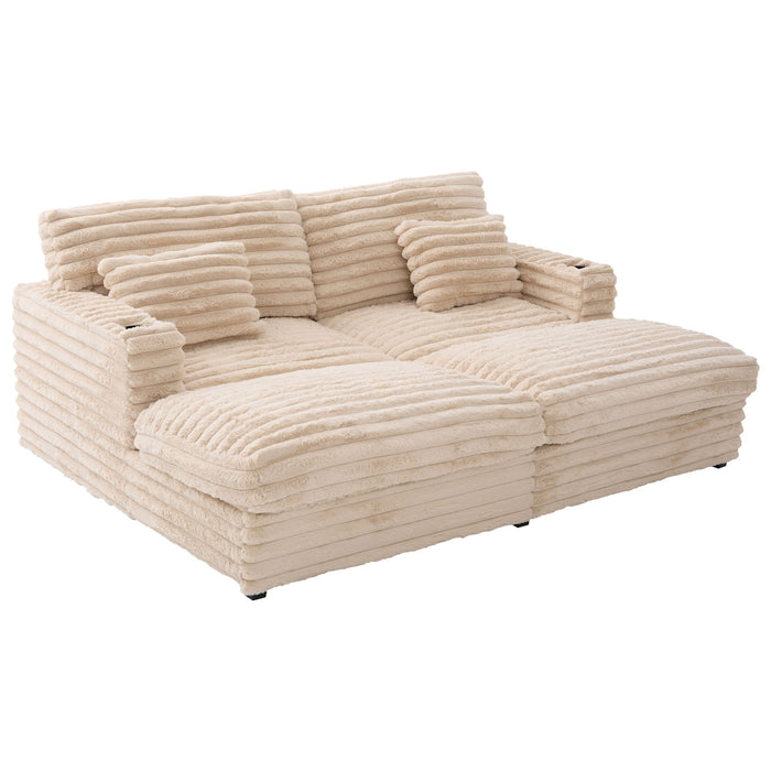 Plush Oversized Double Chaise Lounge Sofa Bed With USB Ports And Cup Holders