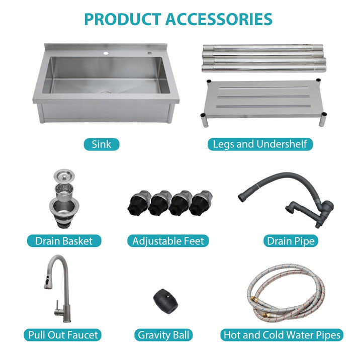 Stainless Steel Freestanding Utility Sink With Pull Out Faucet, Large Single Bowl - Brushed Nickel