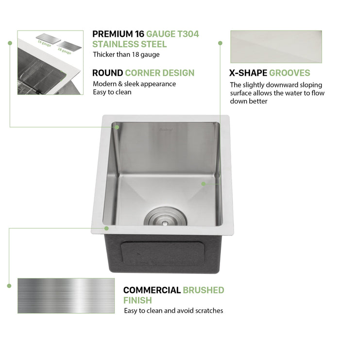 13" Undermount Kitchen Sink 16 Gauge Single Bowl - Brushed Nickel