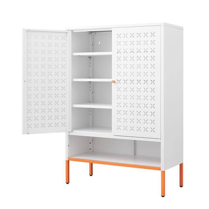 Grid Double Door Shoe Cabinet With Adjustable Compartments And Moisture-Proof Design In White Metal