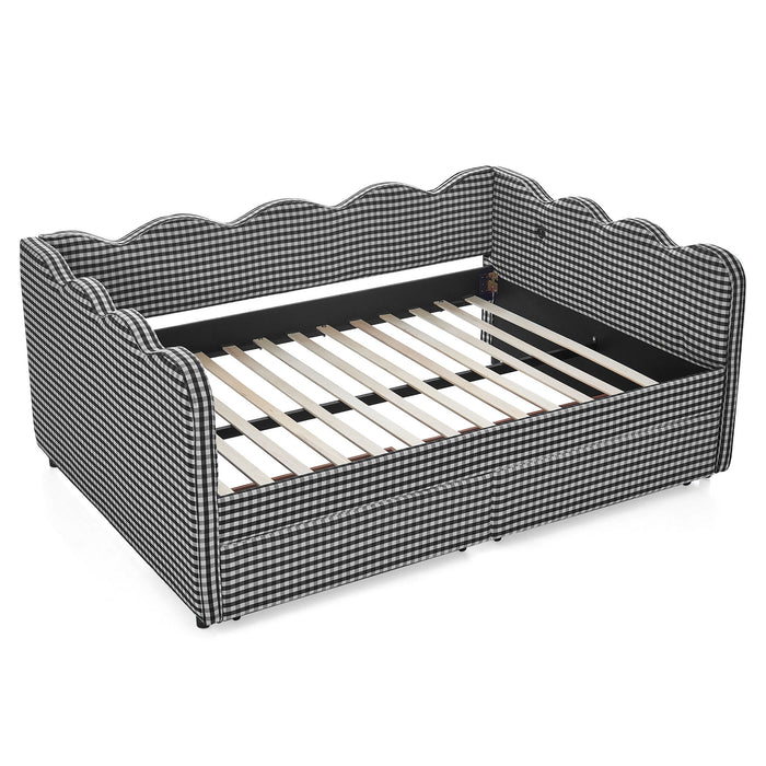 Gingham Daybed With USB Charging Port, Wave-Shaped Design