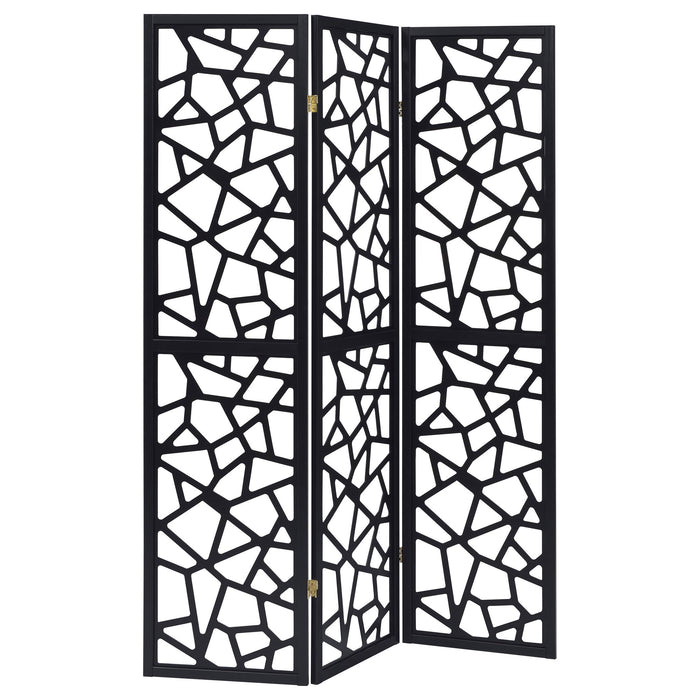 3 Panel Folding Screen With Mosaic Cutout Design - Black