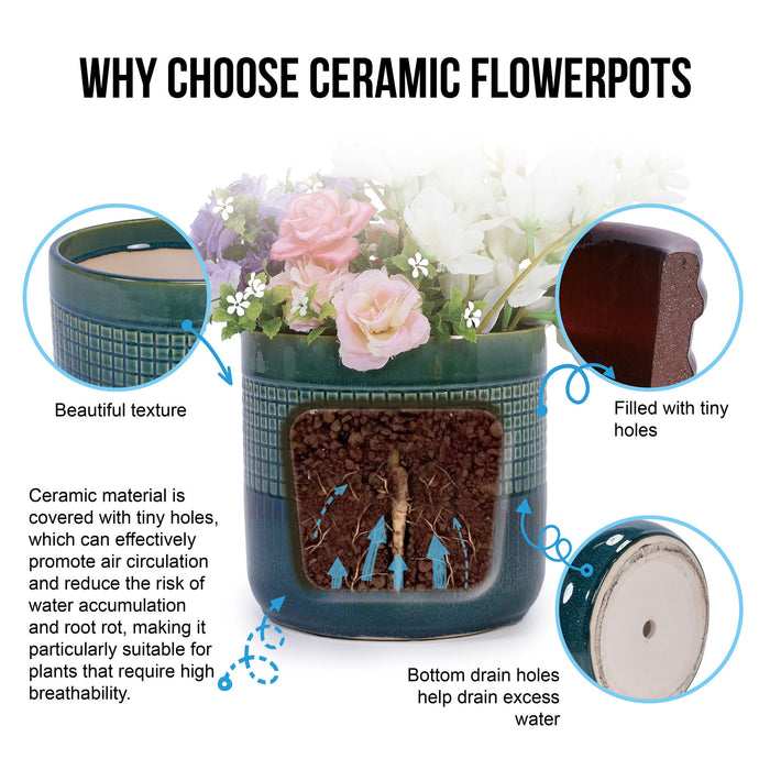 Grid Flowerpot (Set of 3), Planter For Patio, Garden, Windowsill - Blue / Green