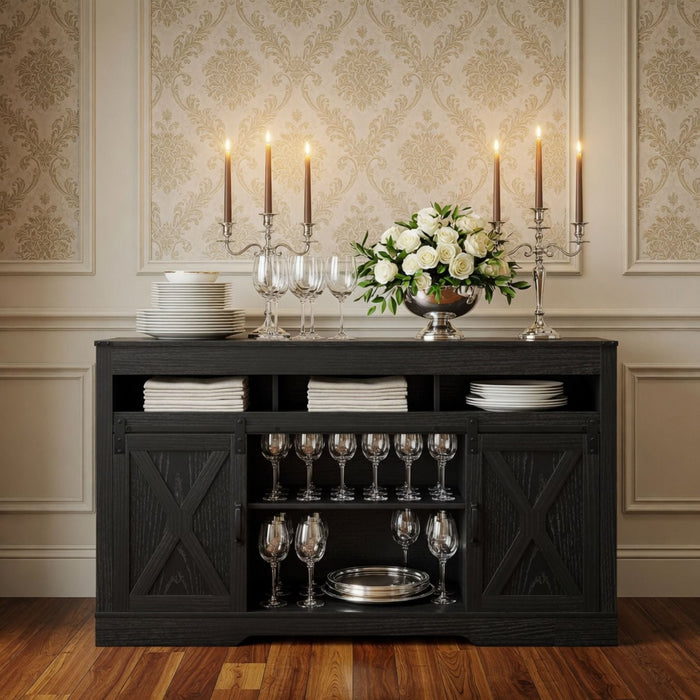 Farmhouse TV Stand With Sliding Barn Doors & Adjustable Storage