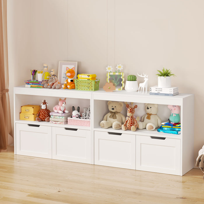 Book Organizer With Large Drawers And Open Shelves, Toy Storage Cabinet With Removable Wheels And Rounded Edges - White