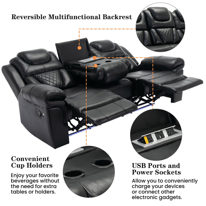 3 Pieces Recliner Sofa Sets Home Theater Seating Manual Recliner Chair With Center Console And LED Light Strip For Living Room