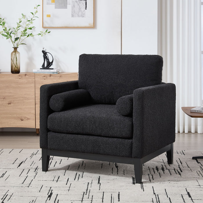 Wide Modern Farmhouse Performance Accent Chair With Legs, Wood Base